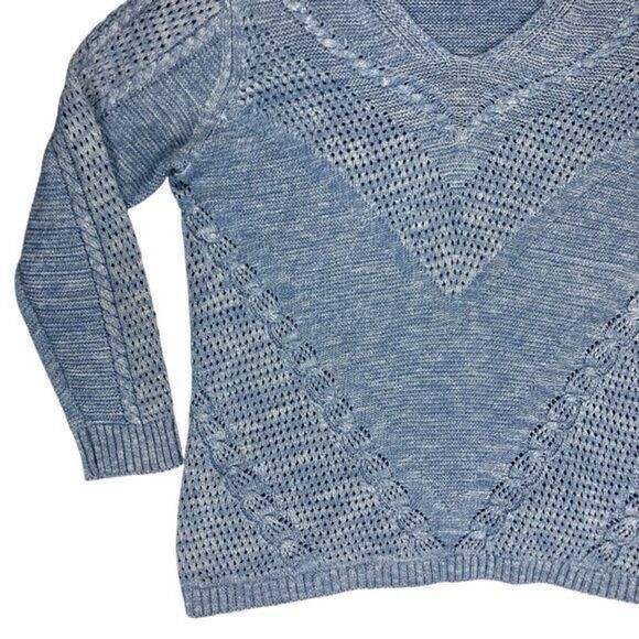Chico's Textured Open Knit V-Neck Sweater Women L Blue Classic Oversize Pullover - Picture 4 of 16
